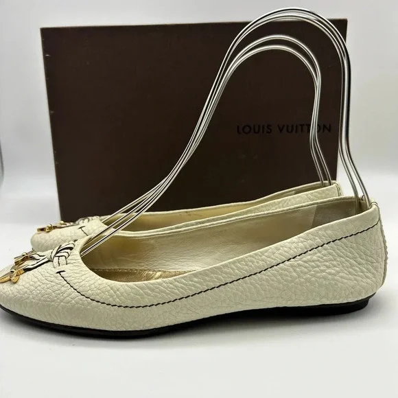 Louis Vuitton LV Logo Ballet Flats Shoes Womens Size 37.5 Beige White - Picture 6 of 16